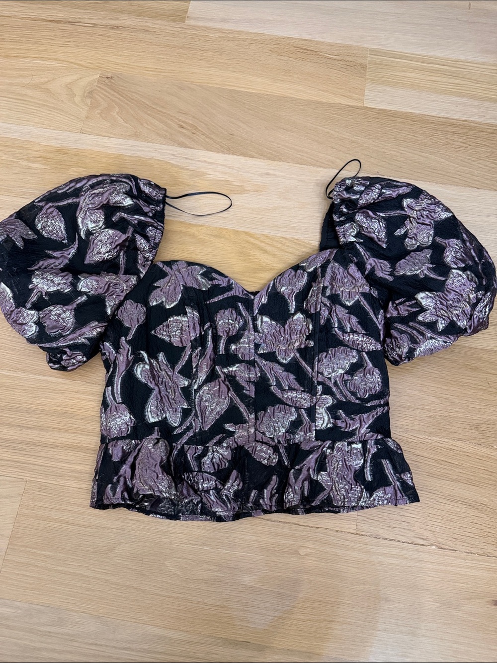 Women's Black Puff Sleeve Crop Top with Metallic Floral